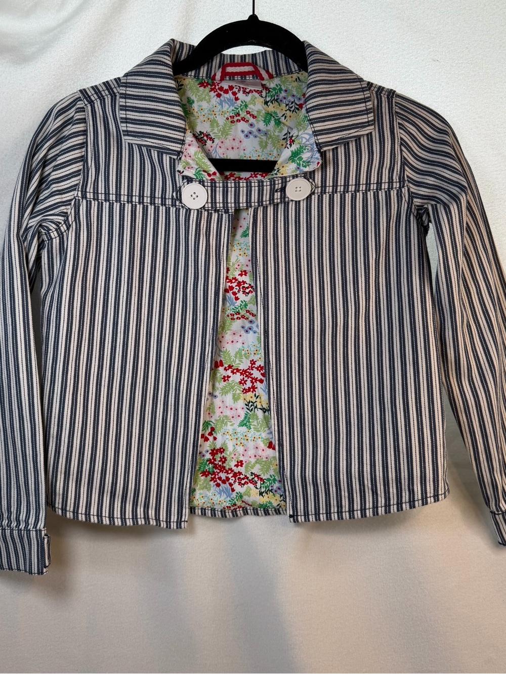 Hanna Andersson Blue & White Striped Jean-Style Jacket with Floral Lining